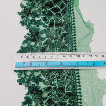 Green Net Lace Trim with Floral Embroidery And Sequins, Sari Border, Embroidered Trim